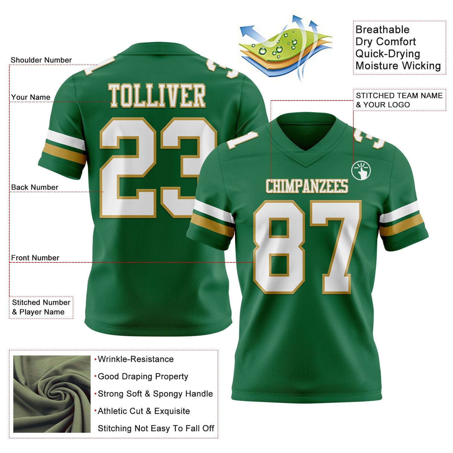 Custom Kelly Green White-Old Gold Authentic Football Jersey