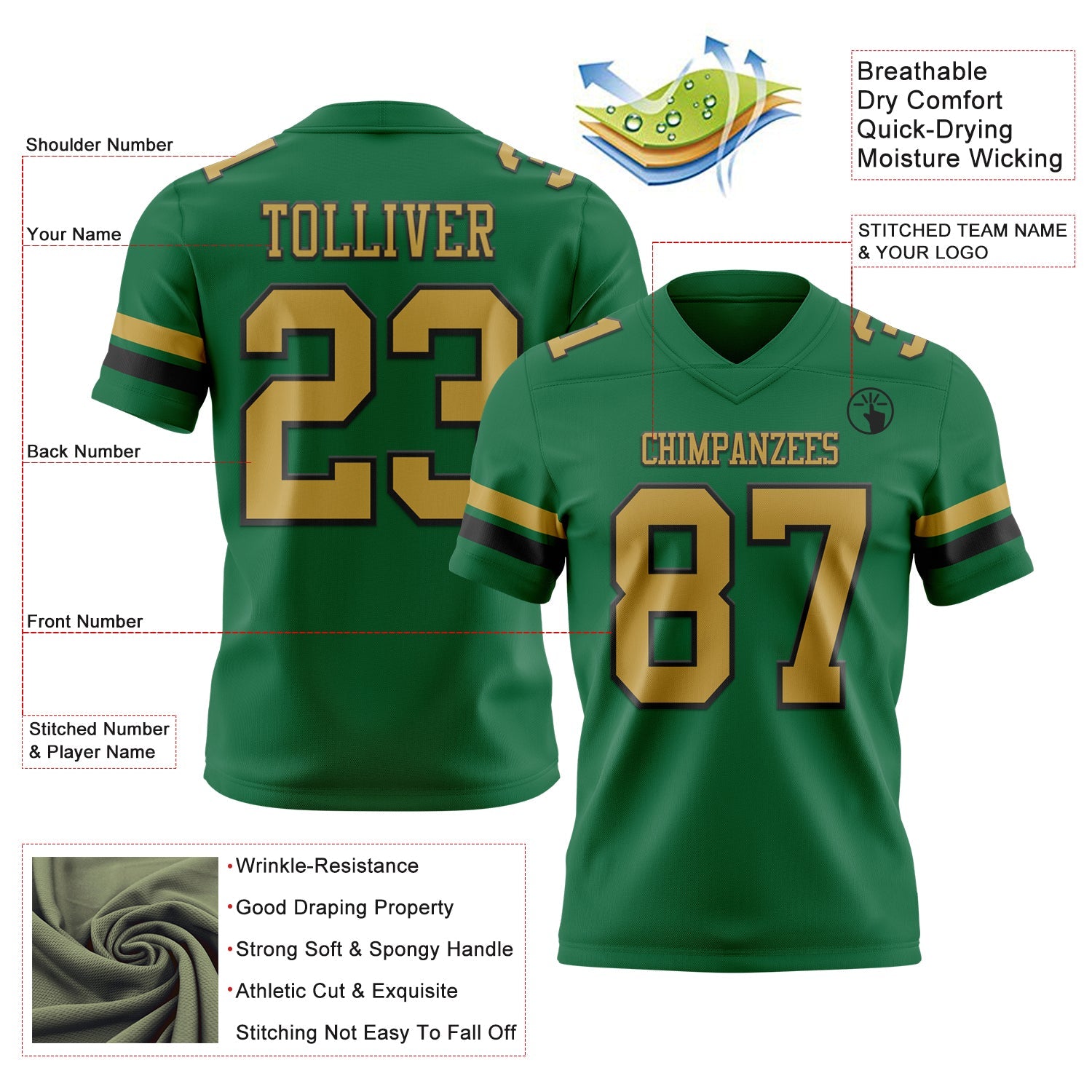 Custom Kelly Green Old Gold-Black Authentic Football Jersey