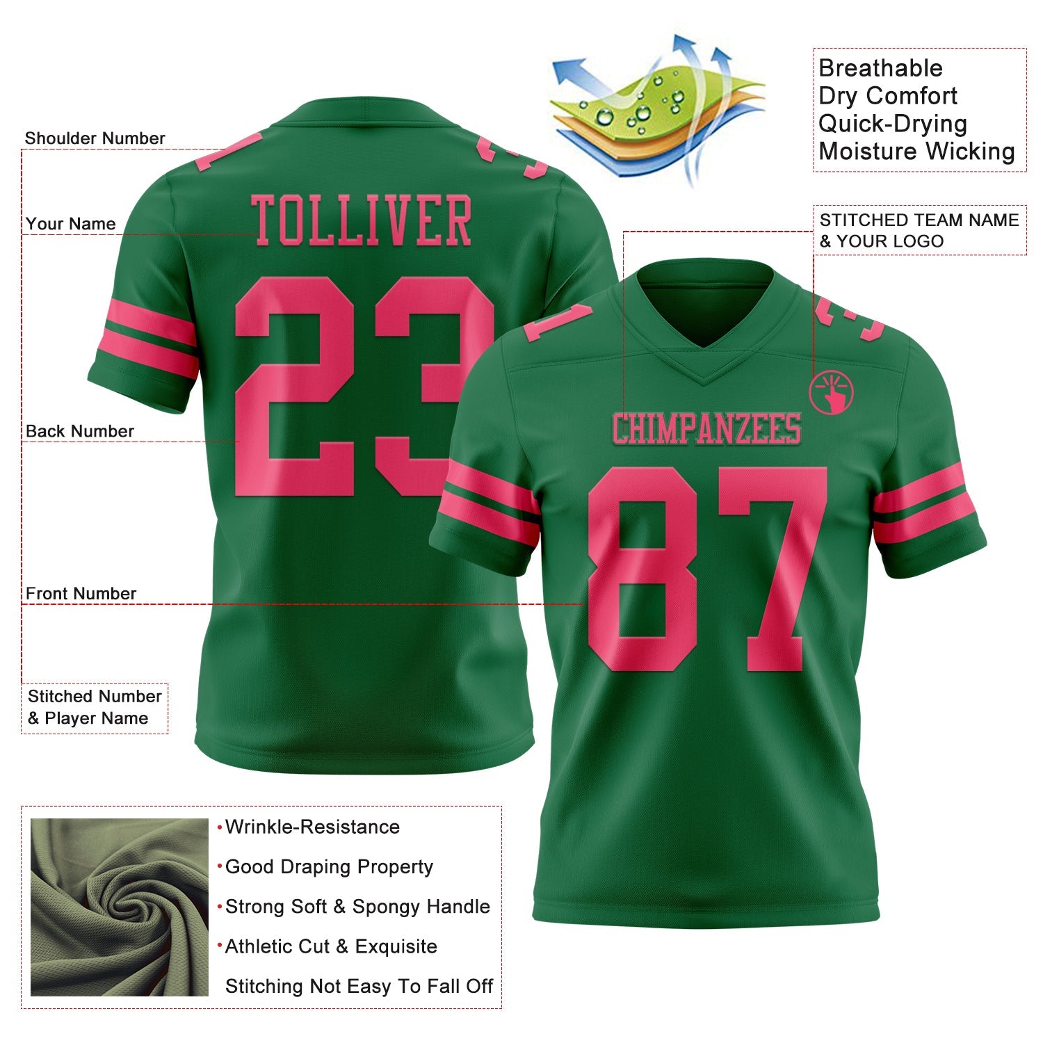 Custom Kelly Green Neon Pink Authentic Football Jersey