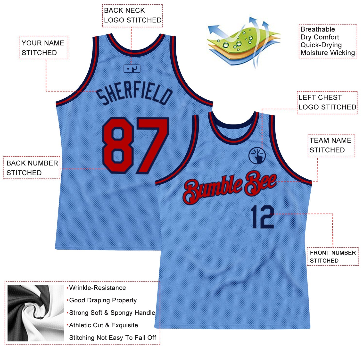 Custom Light Blue Red-Navy Authentic Throwback Basketball Jersey