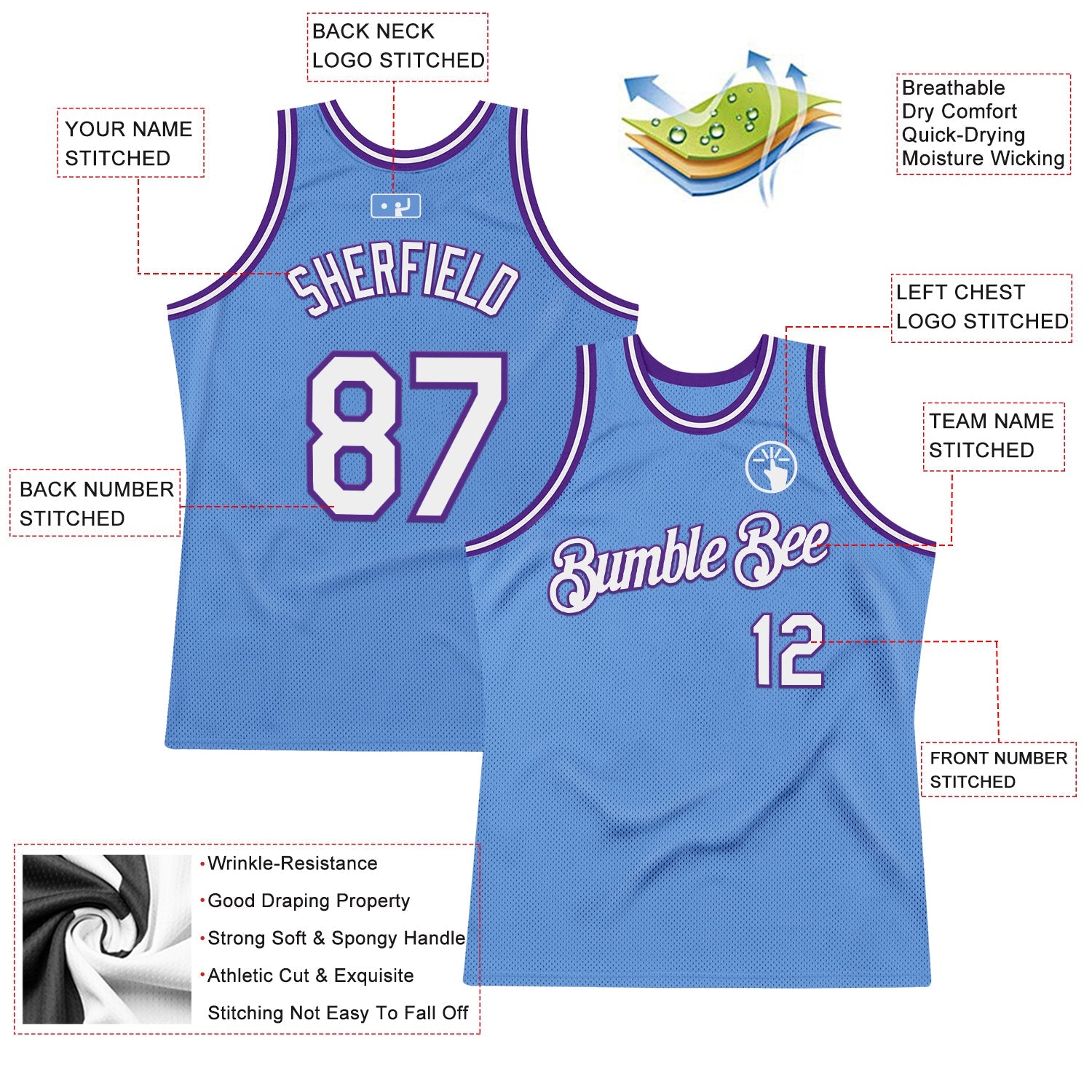Custom Light Blue White-Purple Authentic Throwback Basketball Jersey