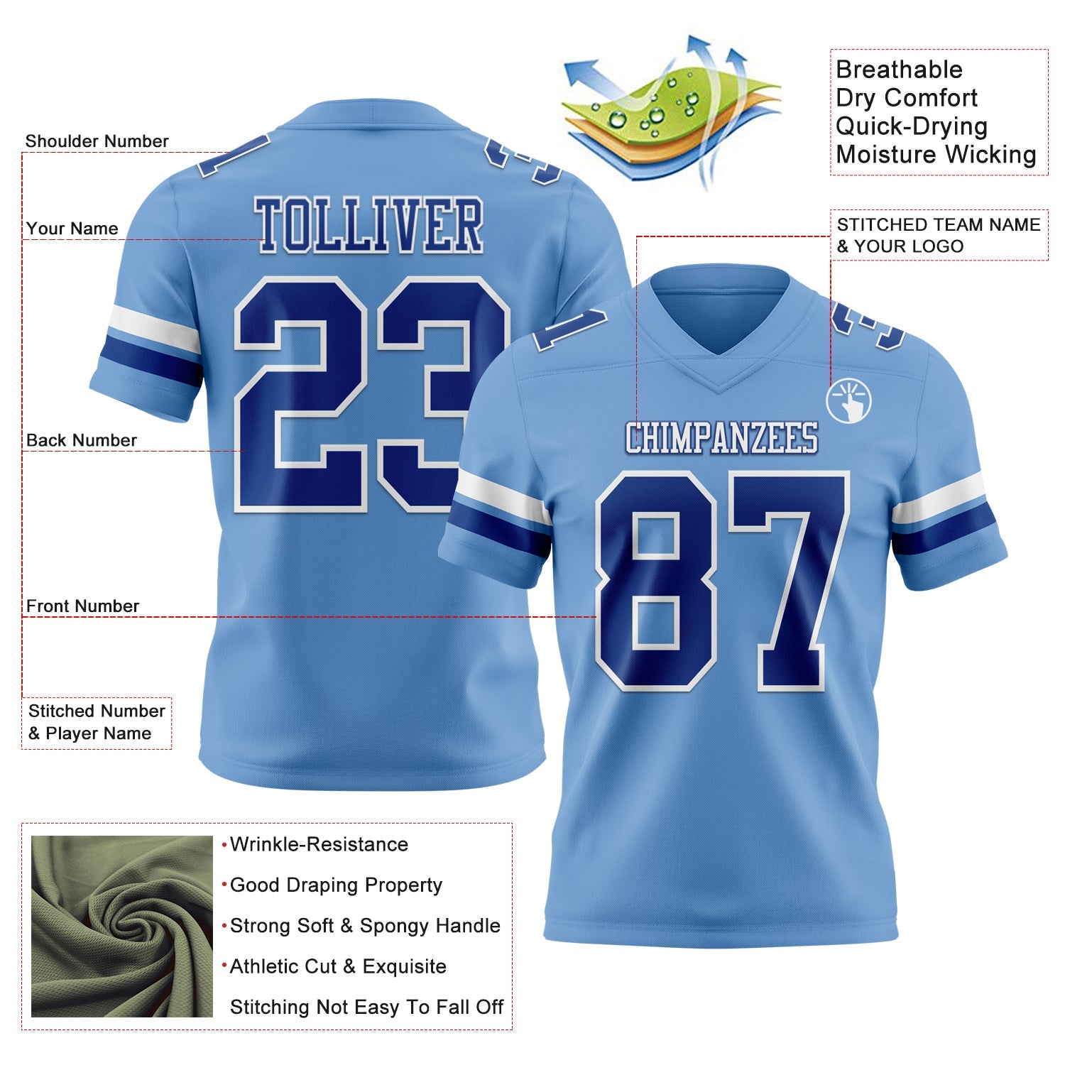 Custom Light Blue Royal-White Authentic Football Jersey
