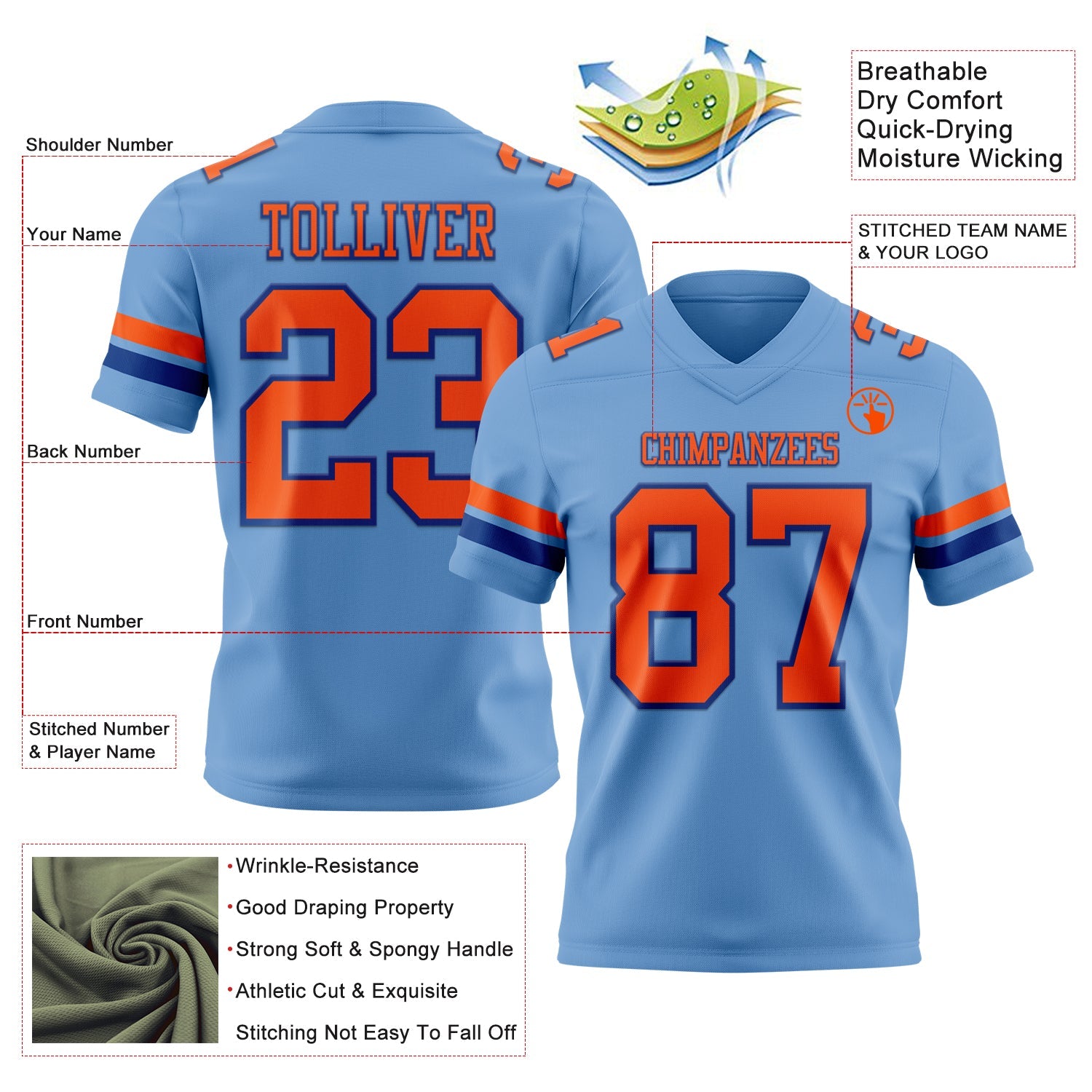Custom Light Blue Orange-Royal Authentic Football Jersey