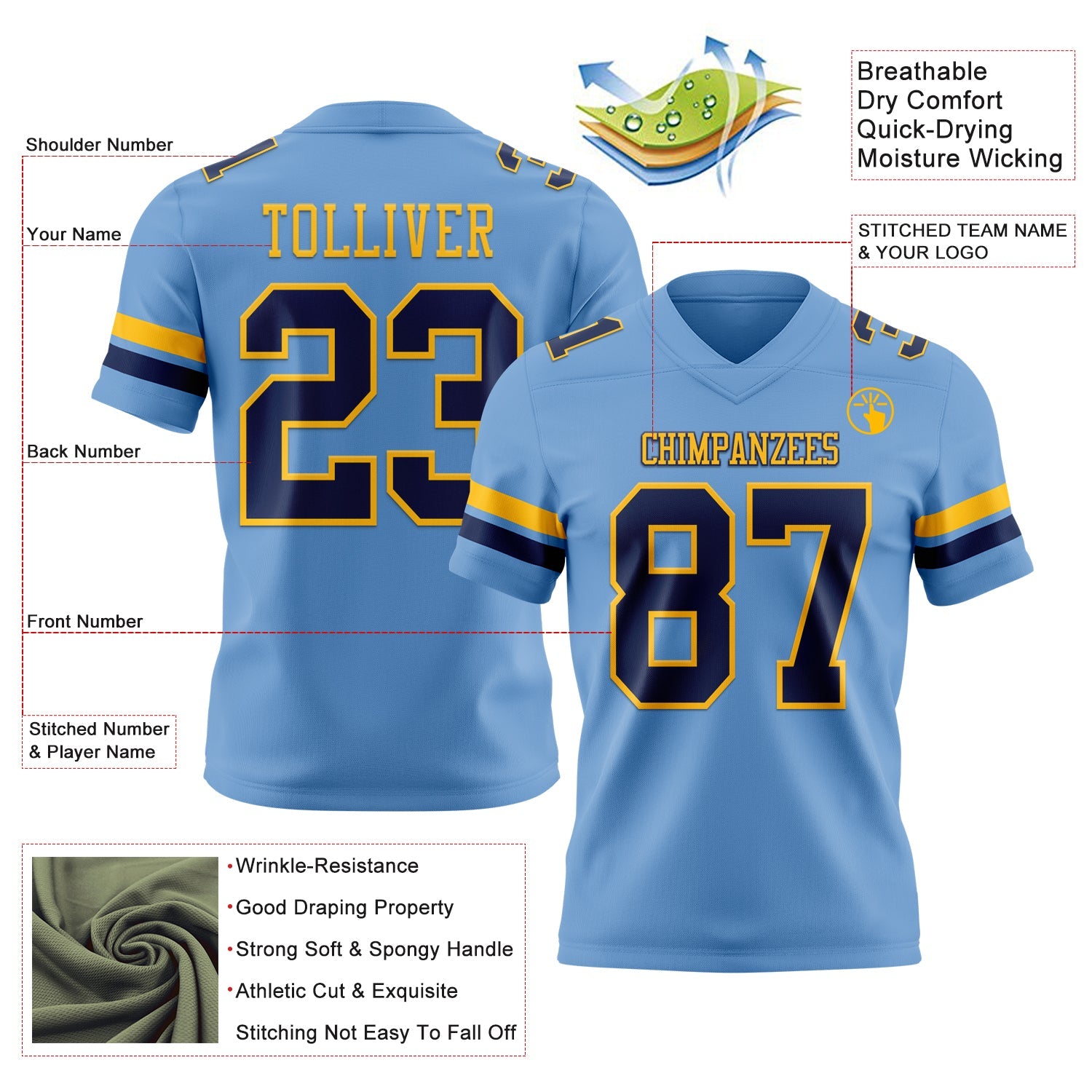 Custom Light Blue Navy-Gold Authentic Football Jersey