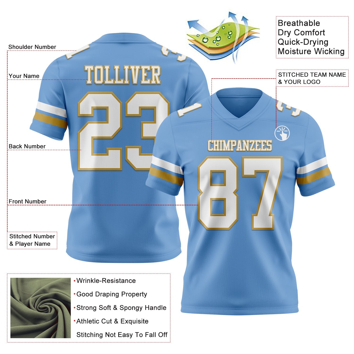 Custom Light Blue White-Old Gold Authentic Football Jersey