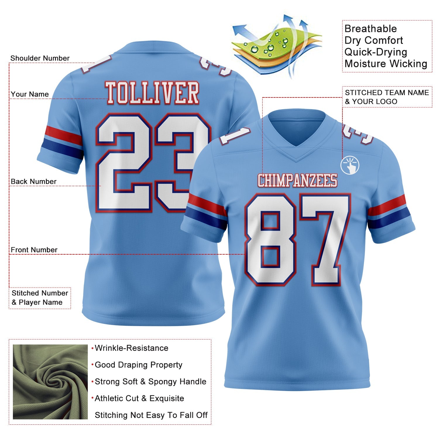 Custom Light Blue White Royal-Red Authentic Football Jersey
