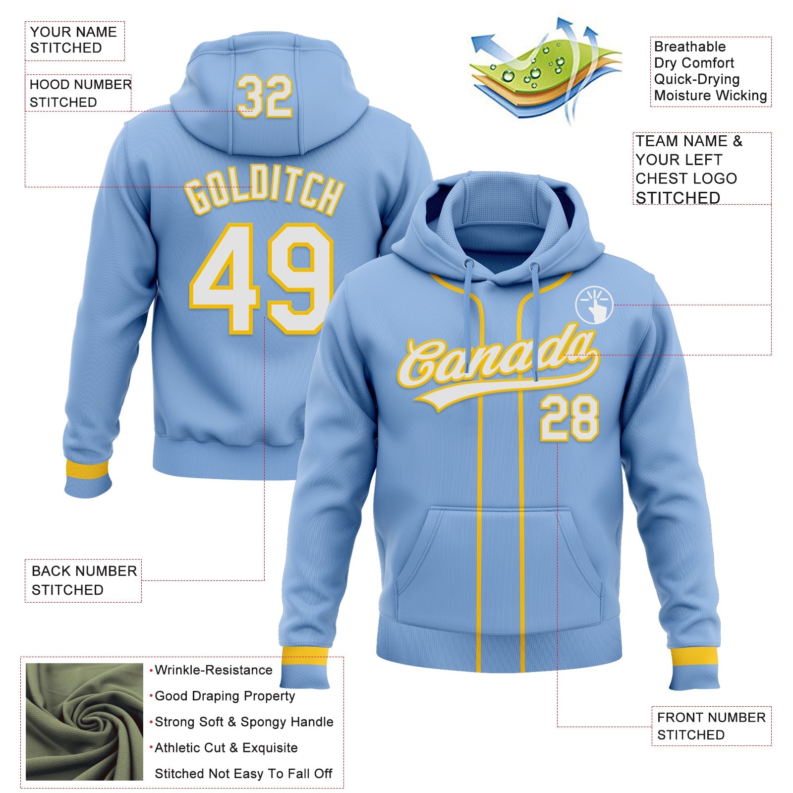 Custom Stitched Light Blue White-Yellow Baseball Pullover Sweatshirt Hoodie