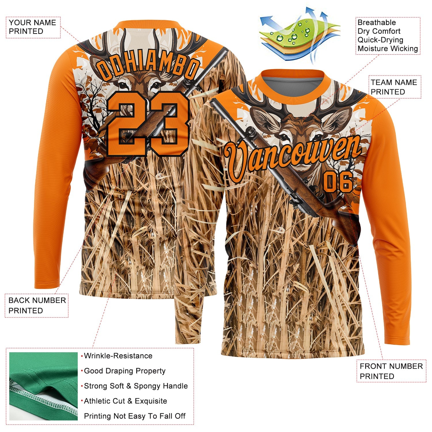 Custom Bay Orange Black 3D Animal Deer Hunting Tool Gun Long Sleeve Performance T-Shirt