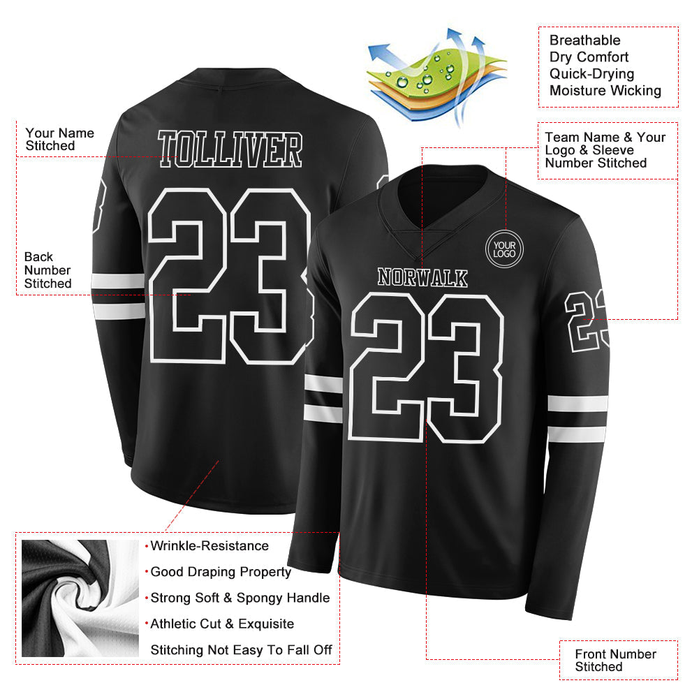 Custom Black White Long Sleeve Authentic Football Jersey