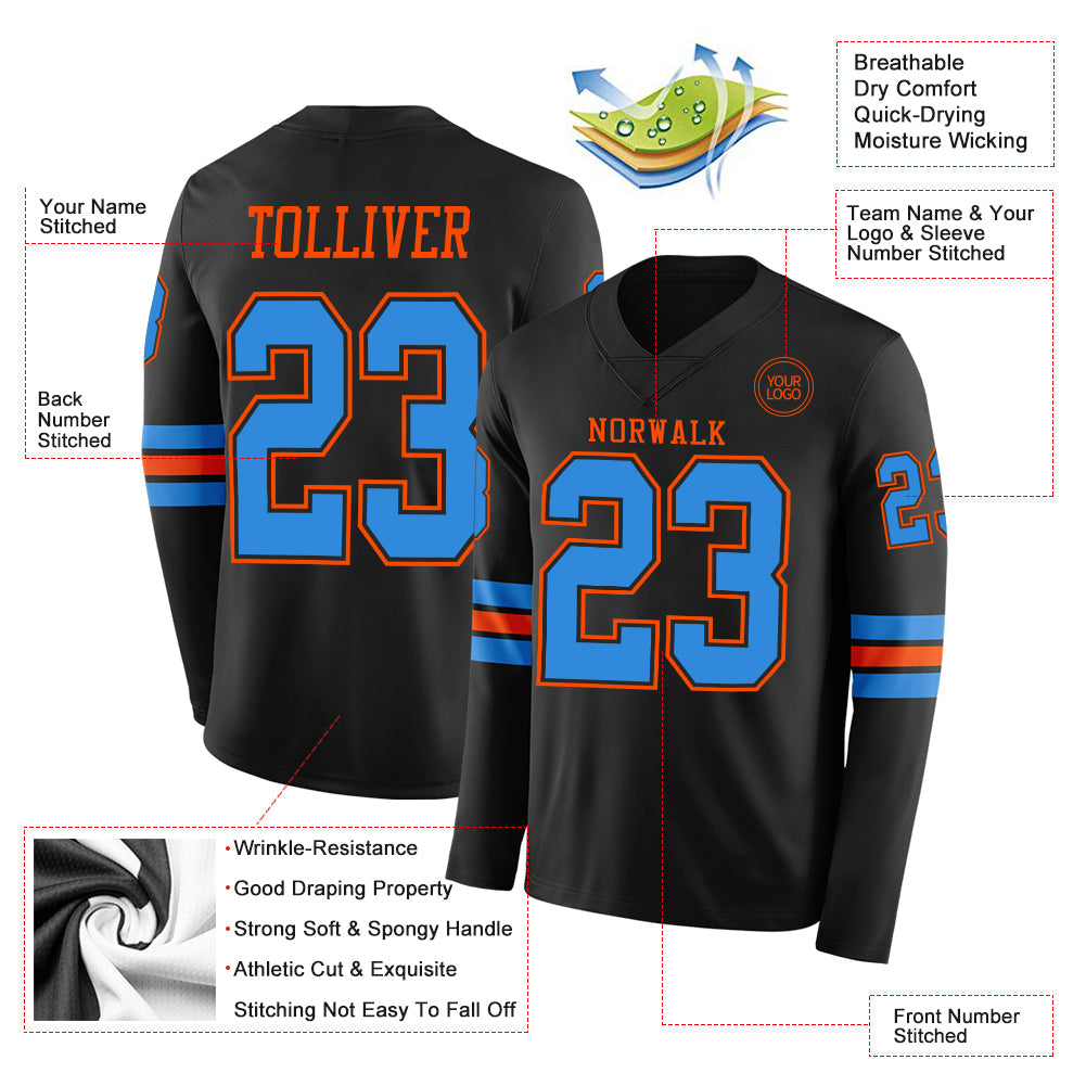 Custom Black Powder Blue-Orange Long Sleeve Authentic Football Jersey
