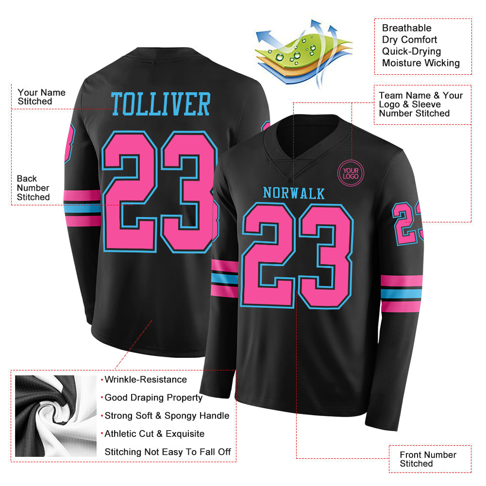 Custom Black Pink-Sky Blue Long Sleeve Authentic Football Jersey