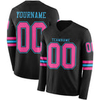 Custom Black Pink-Sky Blue Long Sleeve Authentic Football Jersey