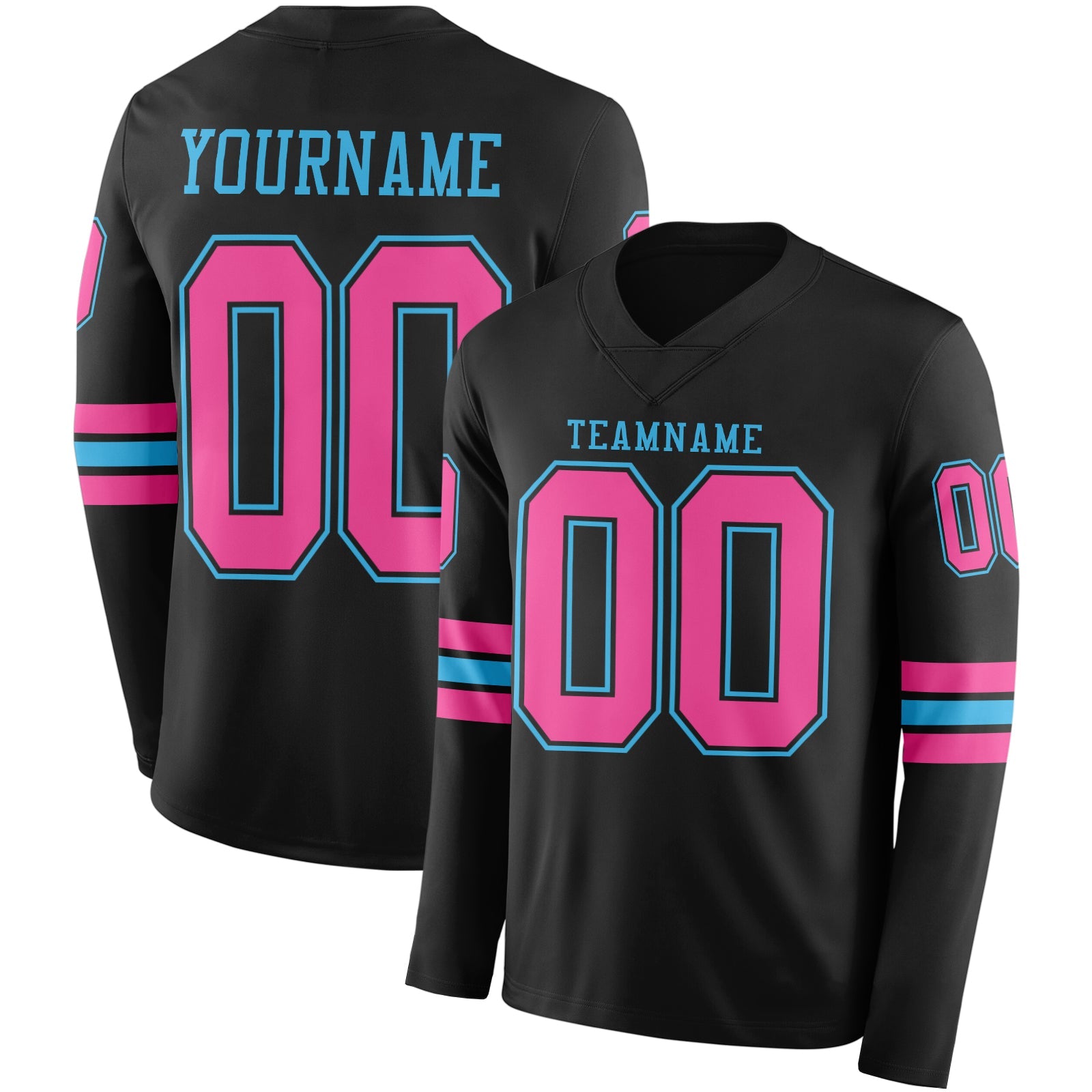 Custom Black Pink-Sky Blue Long Sleeve Authentic Football Jersey