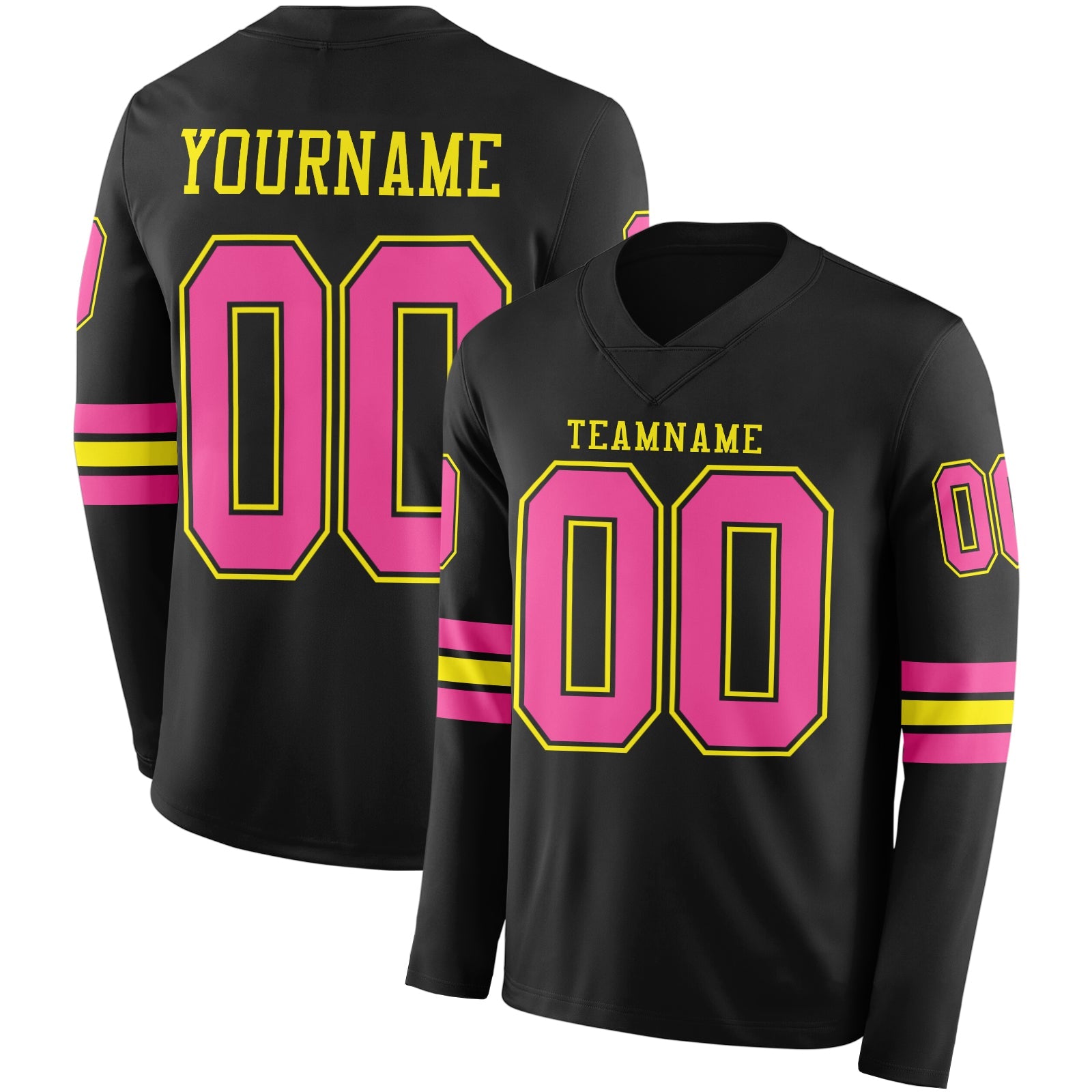 Custom Black Pink-Light Yellow Long Sleeve Authentic Football Jersey