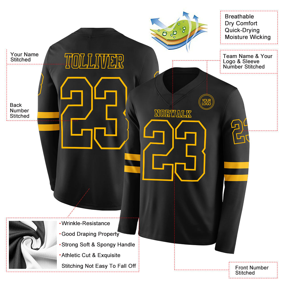 Custom Black Gold Long Sleeve Authentic Football Jersey
