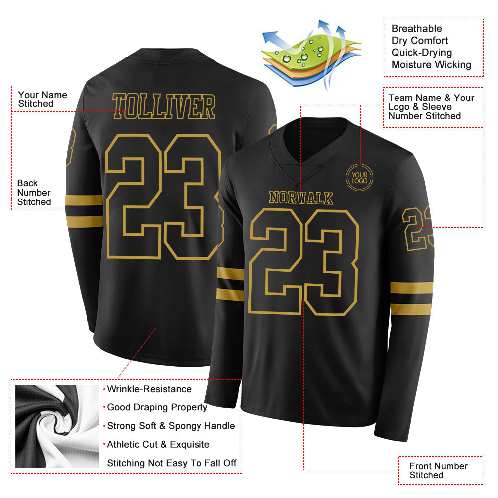 Custom Black Old Gold Long Sleeve Authentic Football Jersey