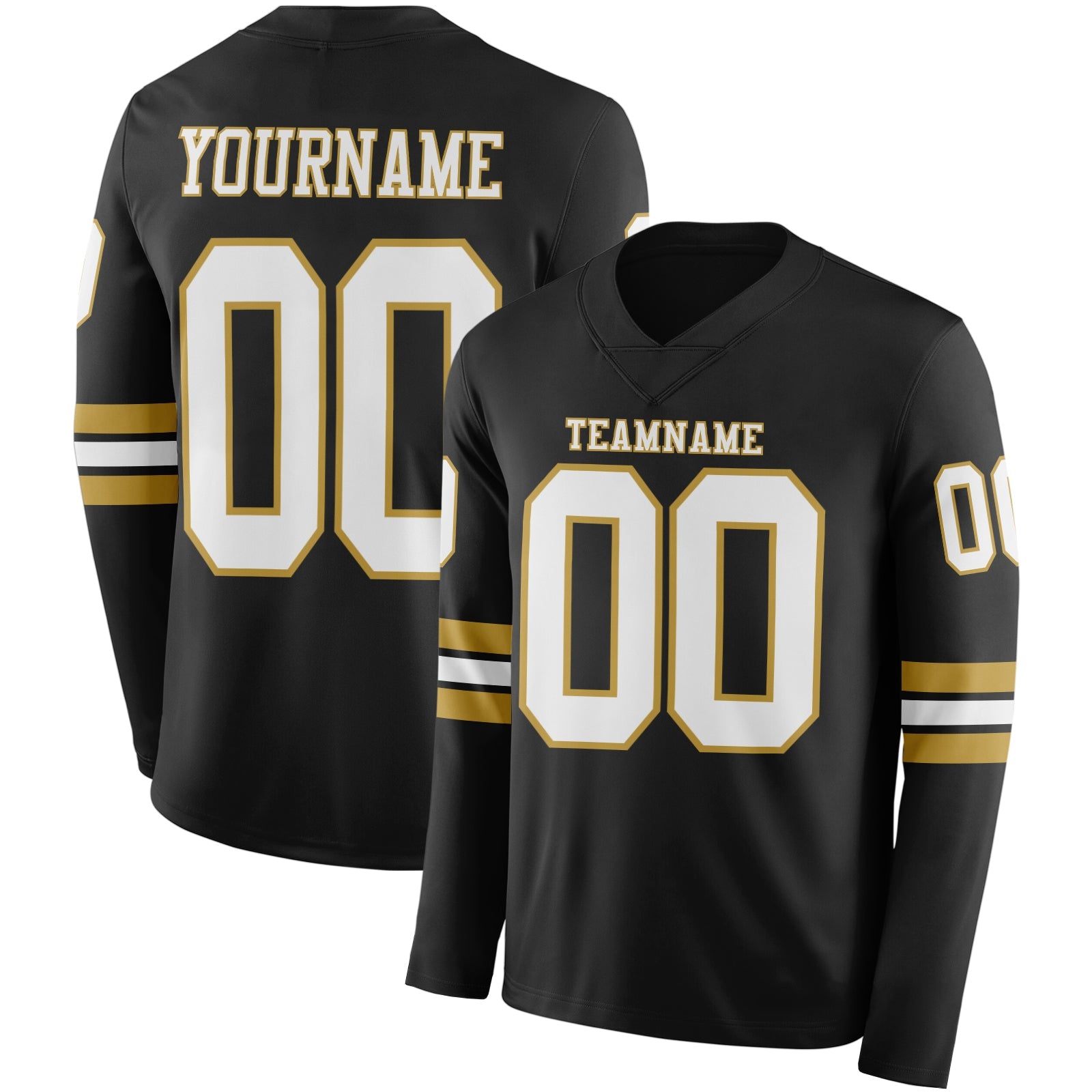 Custom Black White-Old Gold Long Sleeve Authentic Football Jersey