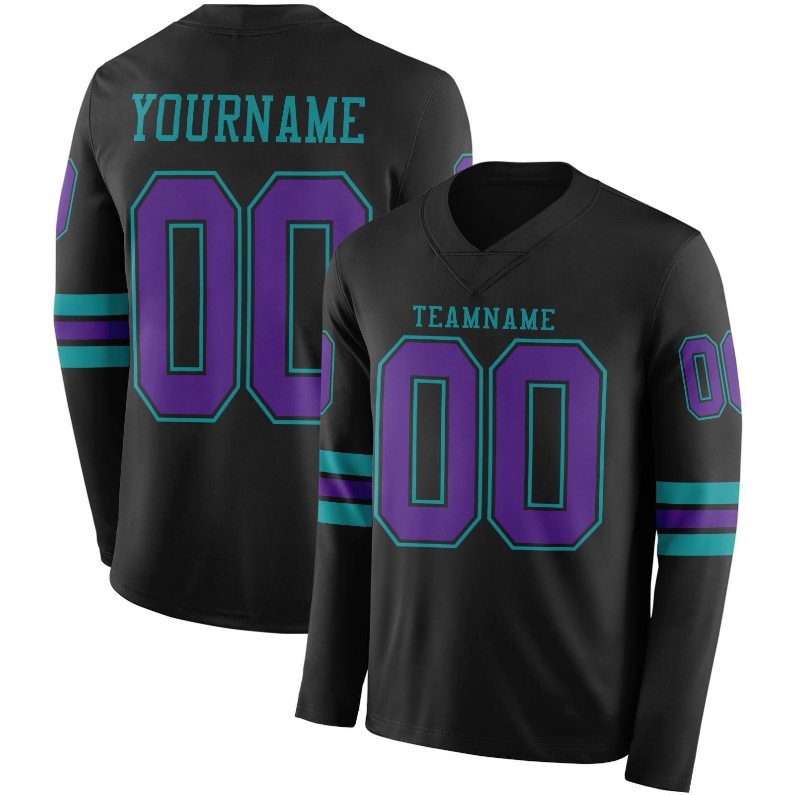 Custom Black Purple-Teal Long Sleeve Authentic Football Jersey