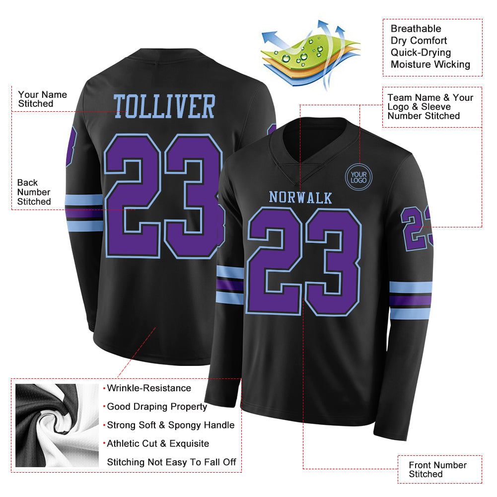 Custom Black Purple-Light Blue Long Sleeve Authentic Football Jersey