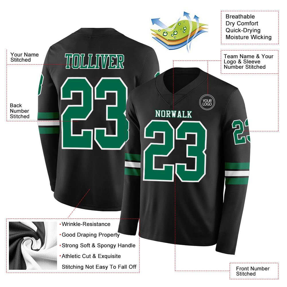 Custom Black Kelly Green-White Long Sleeve Authentic Football Jersey