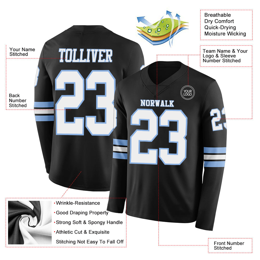 Custom Black White-Light Blue Long Sleeve Authentic Football Jersey