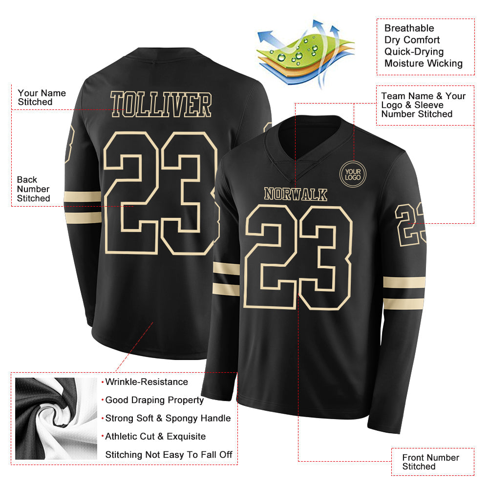 Custom Black Cream Long Sleeve Authentic Football Jersey