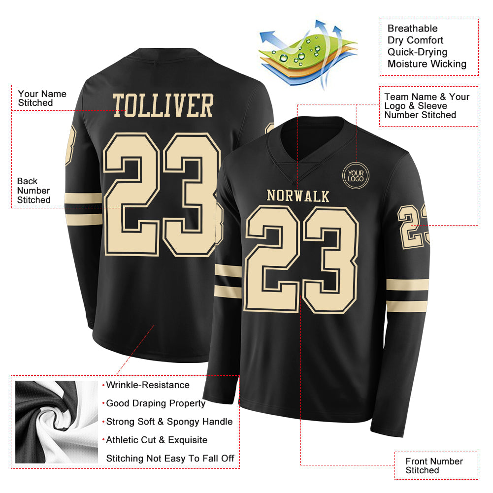 Custom Black Cream Long Sleeve Authentic Football Jersey