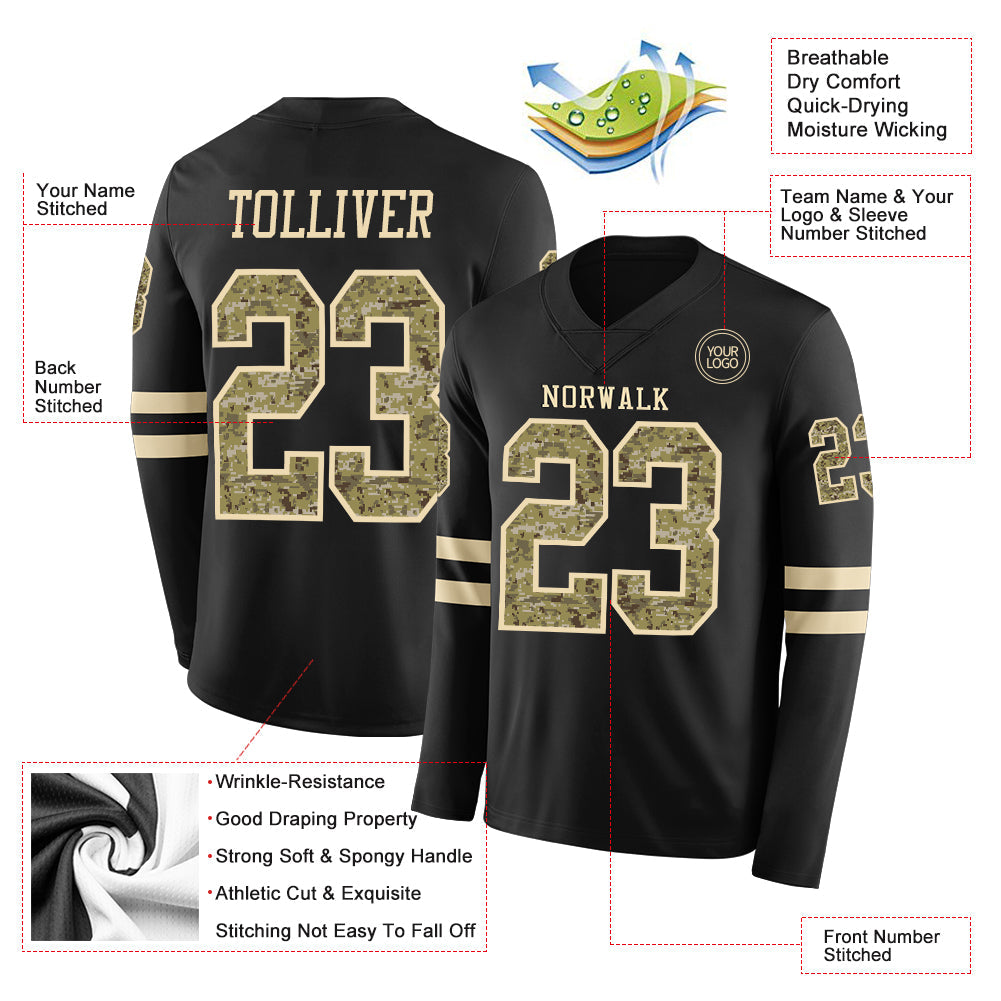 Custom Black Camo-Cream Long Sleeve Authentic Football Jersey