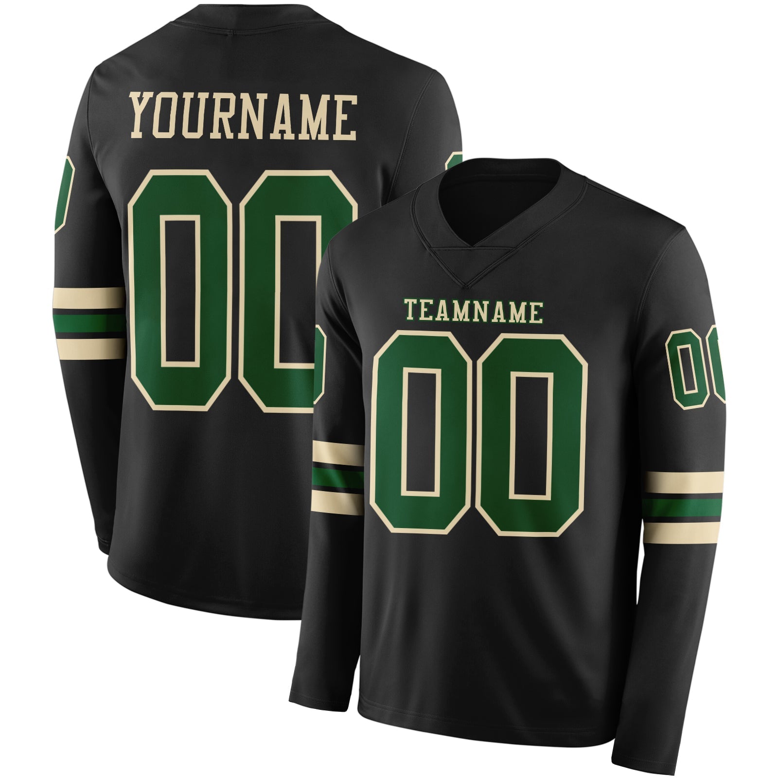 Custom Black Green-Cream Long Sleeve Authentic Football Jersey