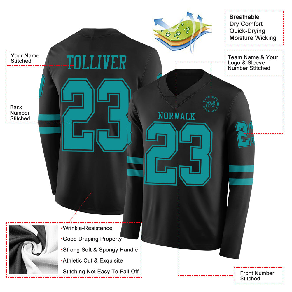 Custom Black Teal Long Sleeve Authentic Football Jersey