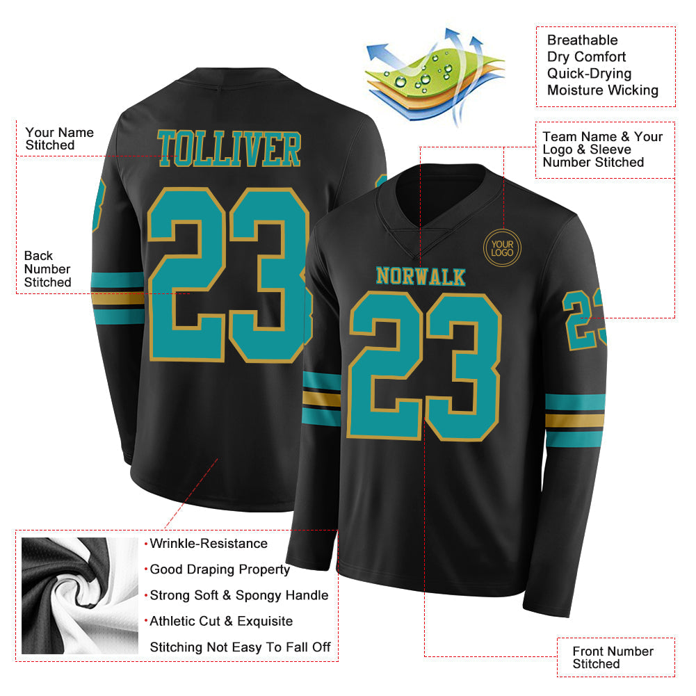 Custom Black Teal-Old Gold Long Sleeve Authentic Football Jersey