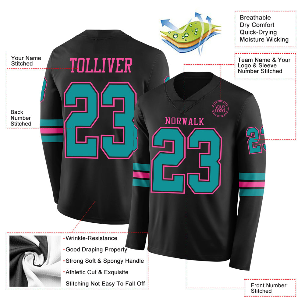 Custom Black Teal-Pink Long Sleeve Authentic Football Jersey