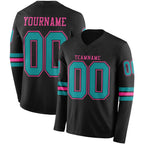 Custom Black Teal-Pink Long Sleeve Authentic Football Jersey