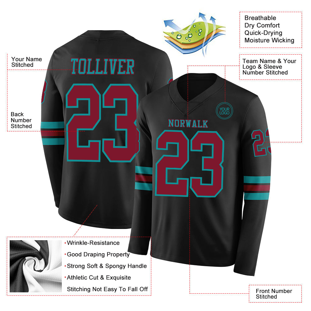 Custom Black Crimson-Teal Long Sleeve Authentic Football Jersey