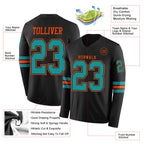 Custom Black Teal-Orange Long Sleeve Authentic Football Jersey