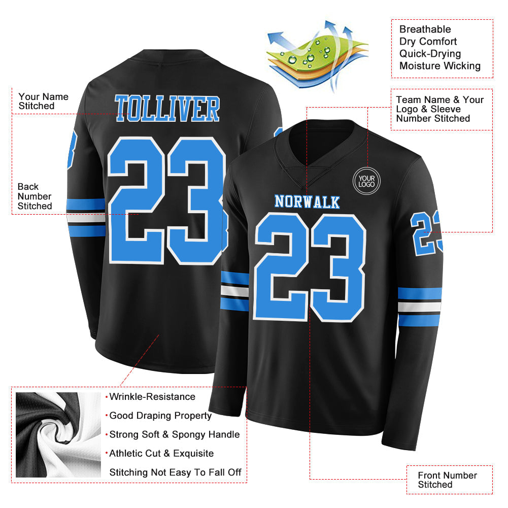 Custom Black Powder Blue-White Long Sleeve Authentic Football Jersey