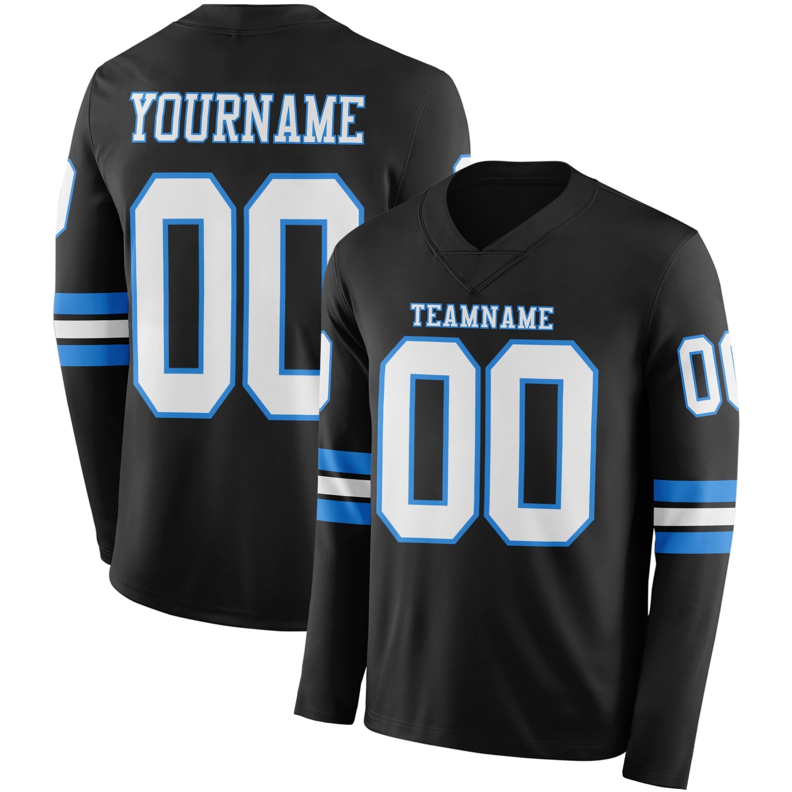 Custom Black White-Powder Blue Long Sleeve Authentic Football Jersey