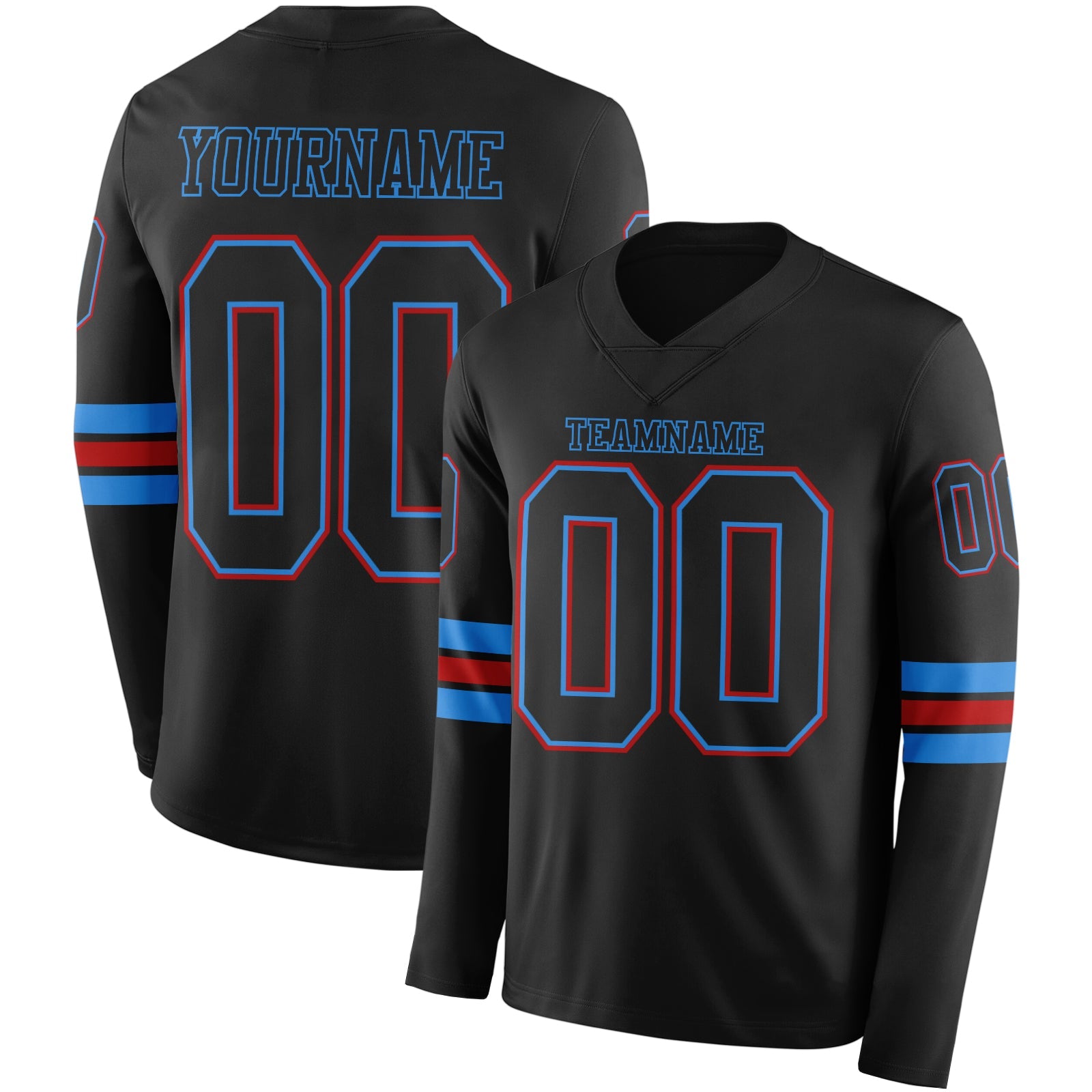 Custom Black Powder Blue-Red Long Sleeve Authentic Football Jersey