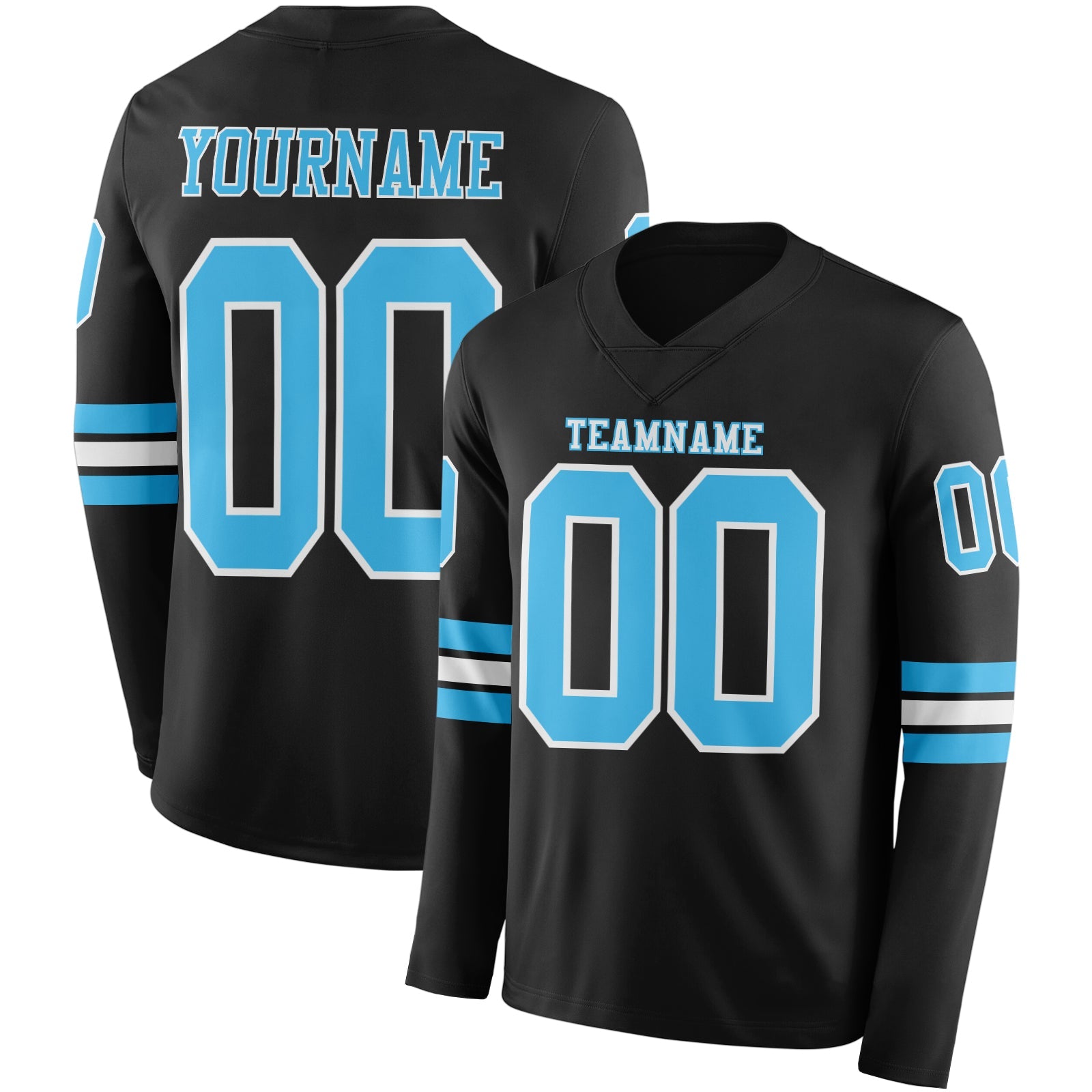 Custom Black Sky Blue-White Long Sleeve Authentic Football Jersey