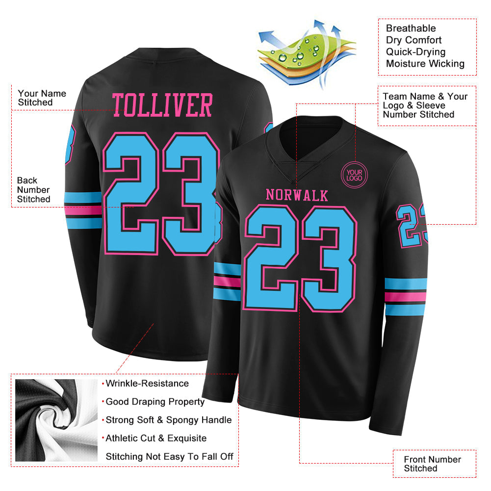 Custom Black Sky Blue-Pink Long Sleeve Authentic Football Jersey