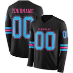 Custom Black Sky Blue-Pink Long Sleeve Authentic Football Jersey