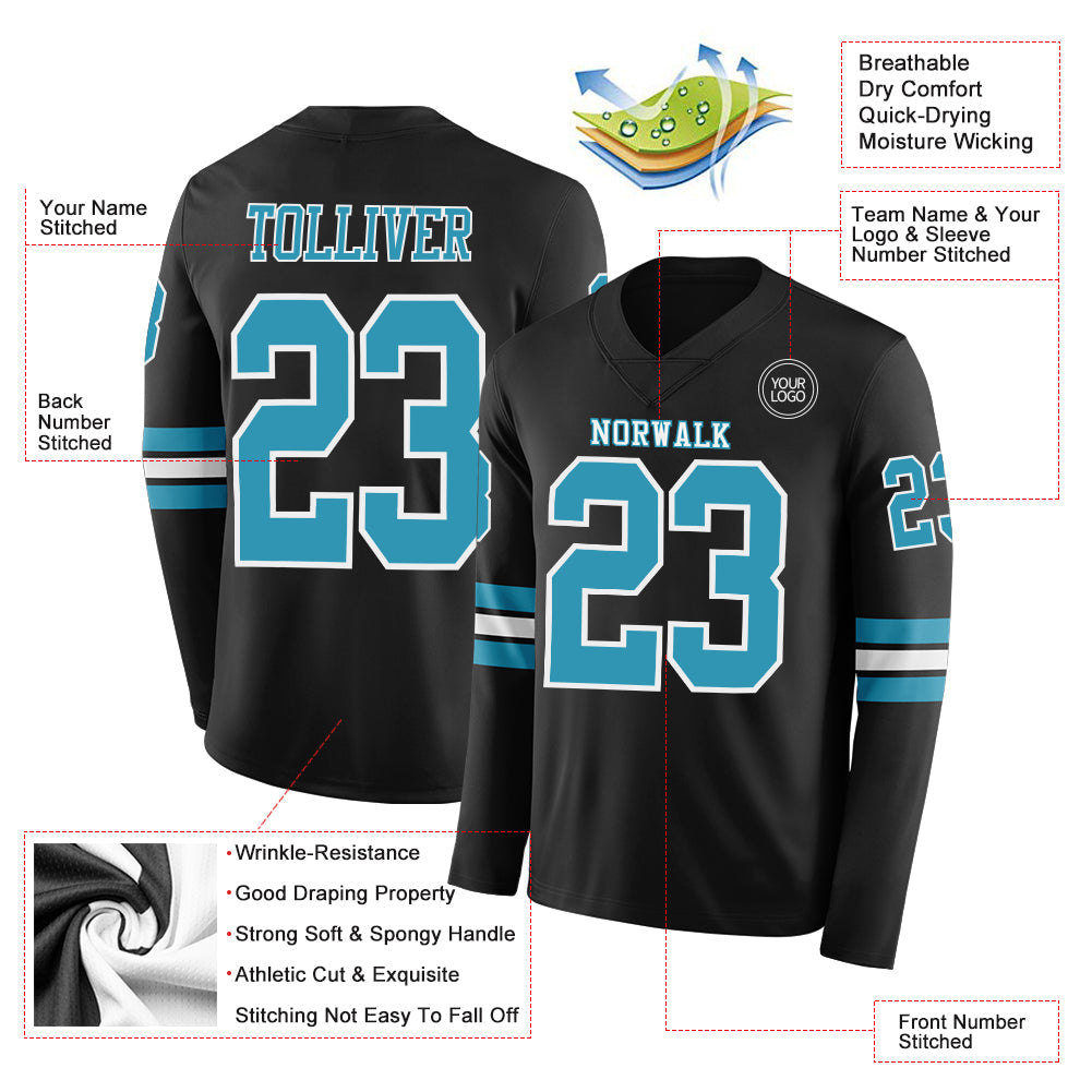 Custom Black Panther Blue-White Long Sleeve Authentic Football Jersey