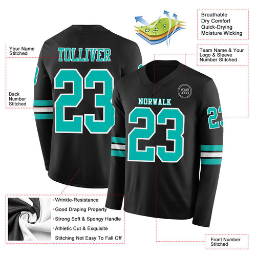 Custom Black Aqua-White Long Sleeve Authentic Football Jersey