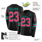 Custom Black Neon Pink-Aqua Long Sleeve Authentic Football Jersey