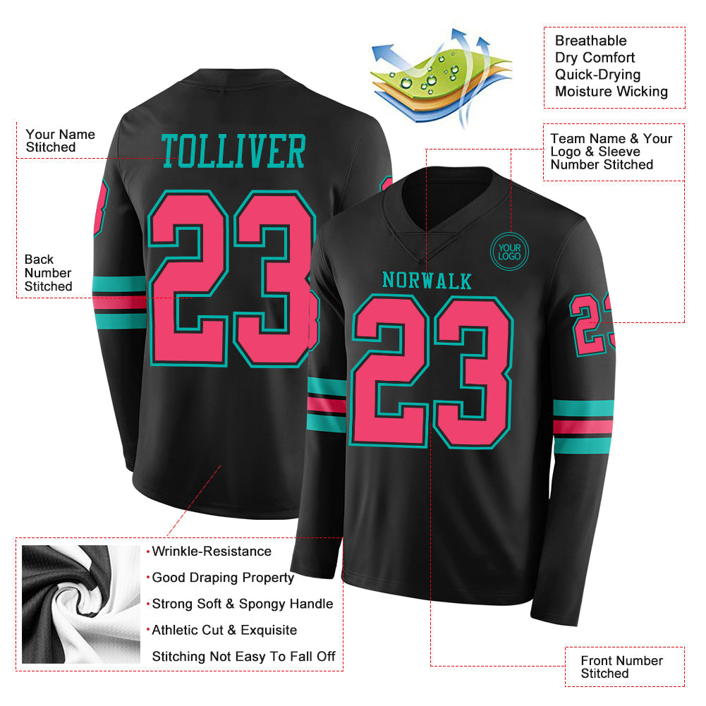 Custom Black Neon Pink-Aqua Long Sleeve Authentic Football Jersey