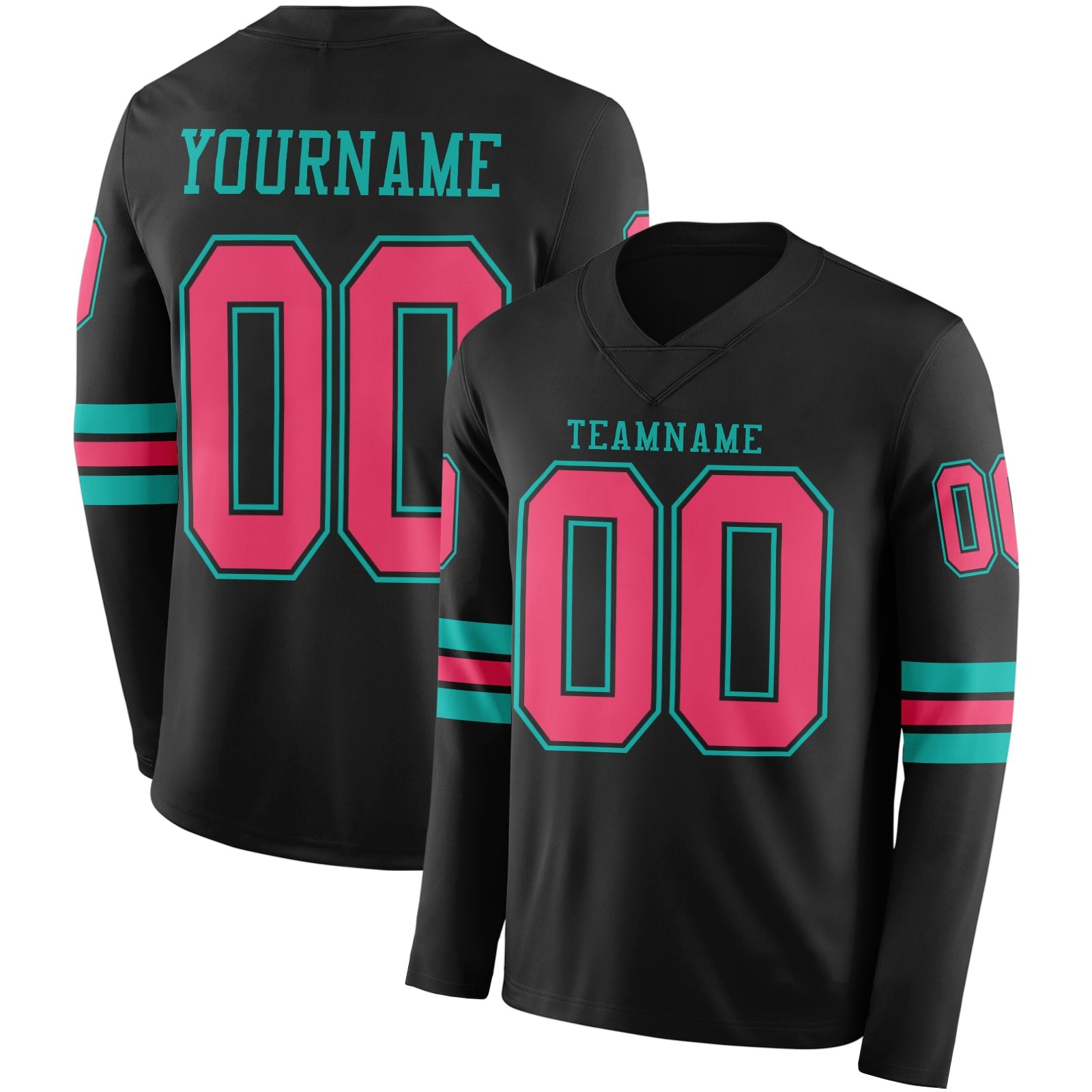 Custom Black Neon Pink-Aqua Long Sleeve Authentic Football Jersey