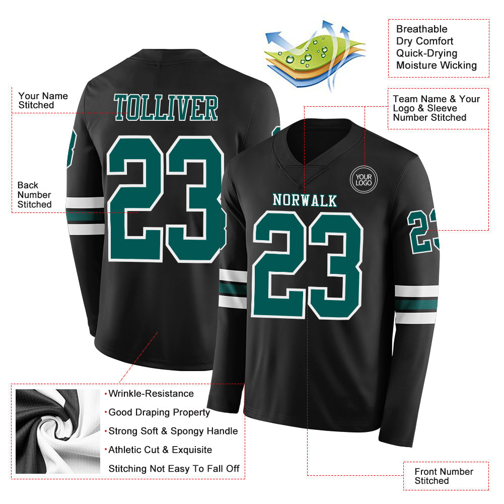 Custom Black Midnight Green-White Long Sleeve Authentic Football Jersey