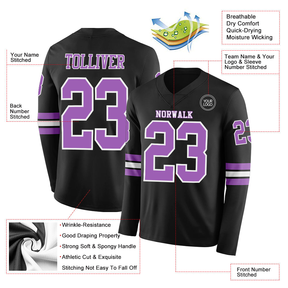 Custom Black Medium Purple-White Long Sleeve Authentic Football Jersey