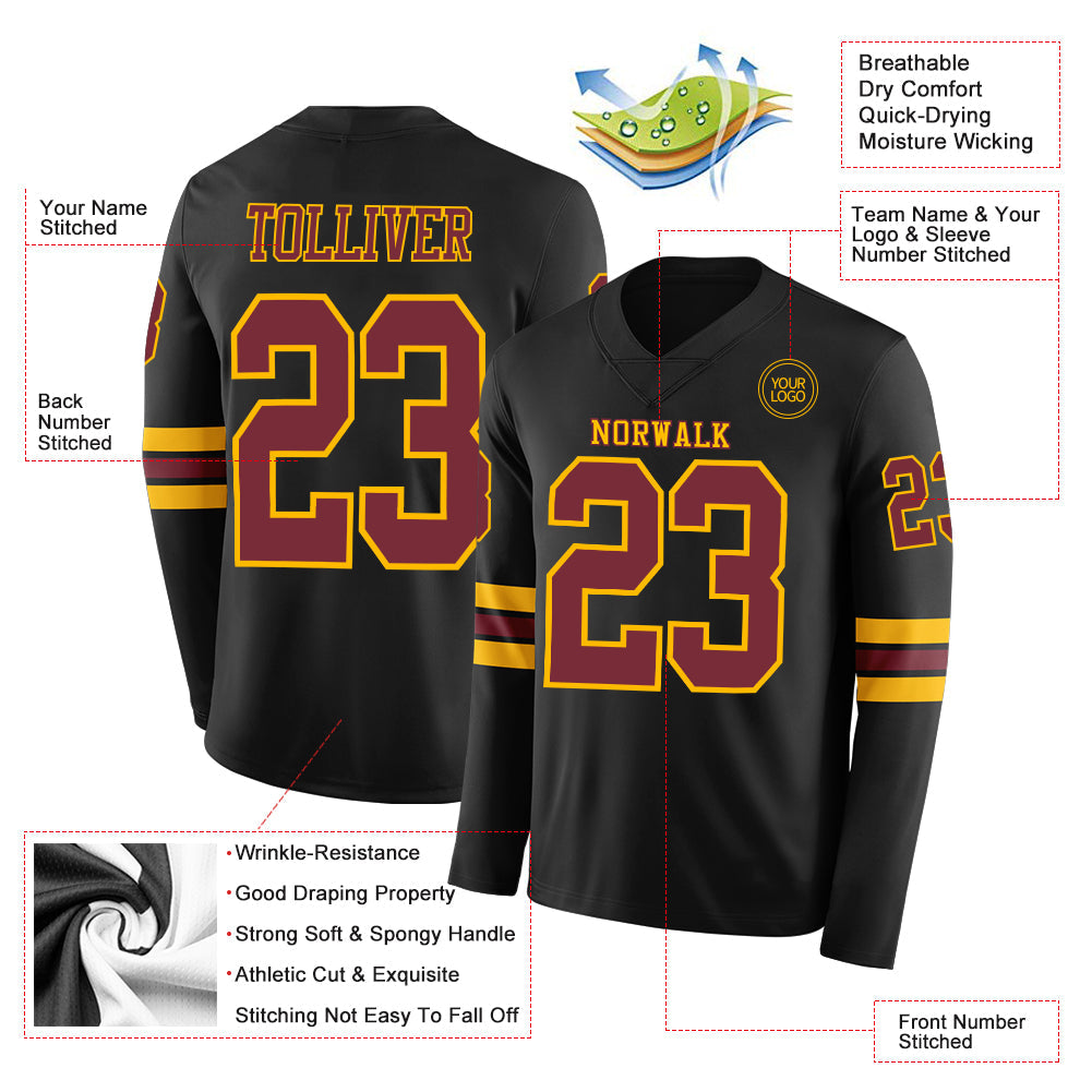 Custom Black Cardinal-Gold Long Sleeve Authentic Football Jersey