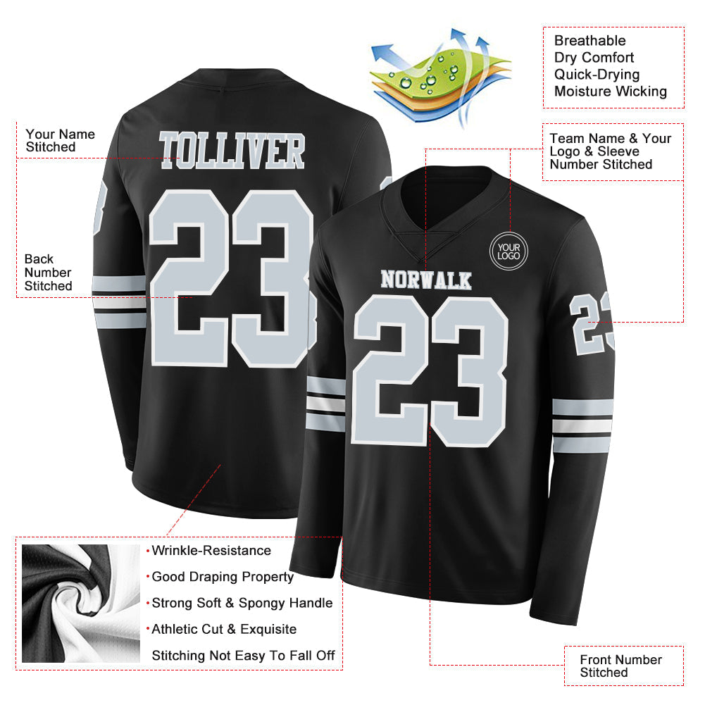 Custom Black Silver-White Long Sleeve Authentic Football Jersey